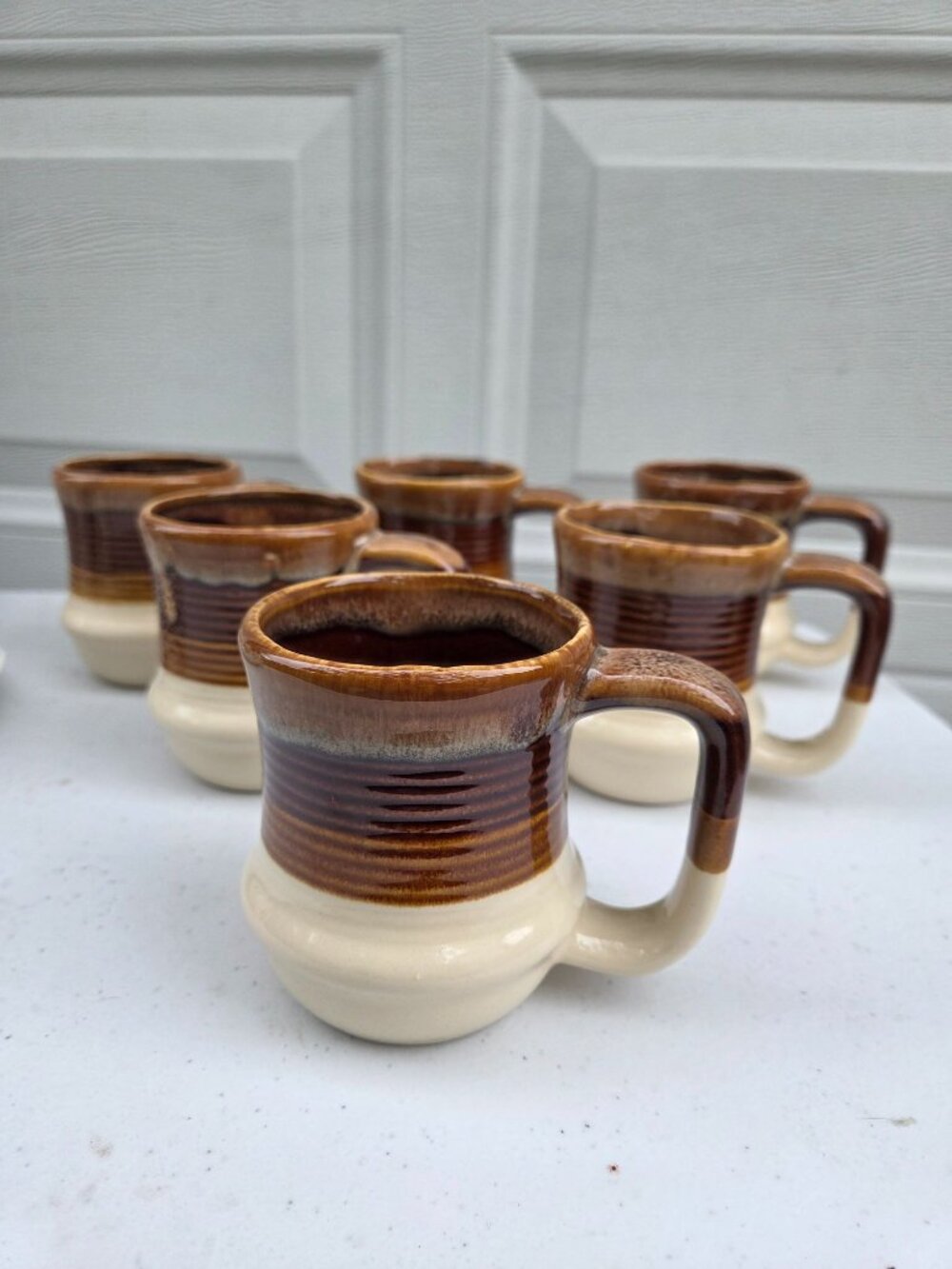 Lot Of 6 Vintage 70s Brown Drip Glaze Pottery Mugs With Ribbed Detail Rustic Ear